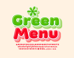 Vector eco template Green Menu with decorative element. Bright set of Alphabet Letters and Numbers. Red 3D Font