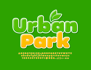 Vector modern sign Urban Park with decorative Leaves. Yellow set of Alphabet Letters, Numbers and Symbols. Bright glossy Font
