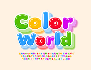 Vector bright template Color World. 3D Childish Font. Glossy creative Alphabet Letters, Numbers and Symbols set