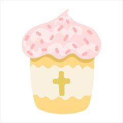 Easter holiday cake. Religious baking. Lovely delicious cupcake with icing. Cartoon vector flat style illustration. Isolated on white background
