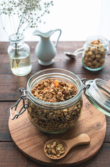 Homemade oatmeal and nuts granola. Healthy breakfast or snack