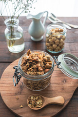 Homemade oatmeal and nuts granola. Healthy breakfast or snack