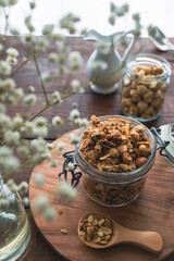 Homemade oatmeal and nuts granola. Healthy breakfast or snack