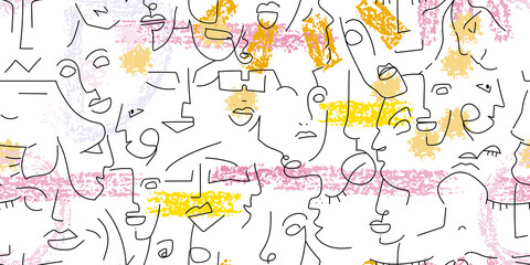 One line drawing. Abstract face seamless pattern.