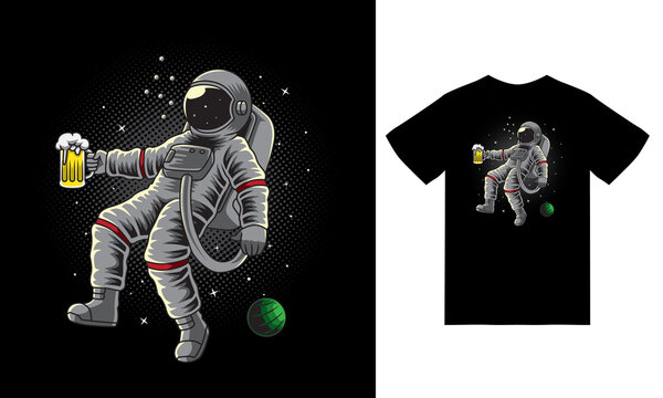Astronaut drinking in space illustration with tshirt design premium vector