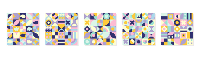 Vector Graphic of Neo Geo Design. Abstract Geometric Pattern Background. Seamless Geometry Shapes. Blue Pink Yellow Color Theme. Good for Banner, Flyer, Print, Card, Brochure, Bed Sheet, Pillow Case