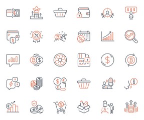 Finance icons set. Included icon as Shop cart, Euro rate and Stress web elements. Fan engine, Bitcoin mining, Coins icons. Analytical chat, Shopping basket, Lock web signs. Vip podium. Vector