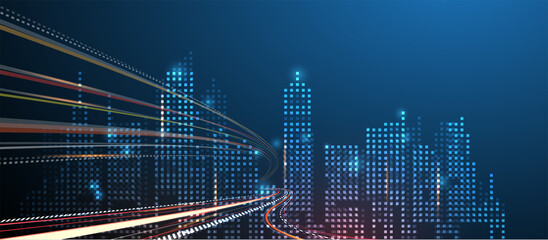 Innovative image of futuristic wireless connection network technology buildings and skyscrapers on glowing blue background.