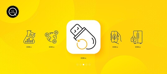 Fototapeta na wymiar Chemistry lab, Refrigerator and Flash memory minimal line icons. Yellow abstract background. Ecology app, Video conference icons. For web, application, printing. Vector
