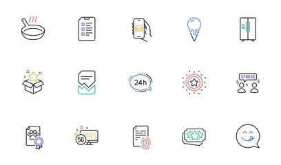 Difficult stress, Dog certificate and 5g internet line icons for website, printing. Collection of Winner star, Corrupted file, Frying pan icons. Mail app, Fingerprint, Ice cream web elements. Vector
