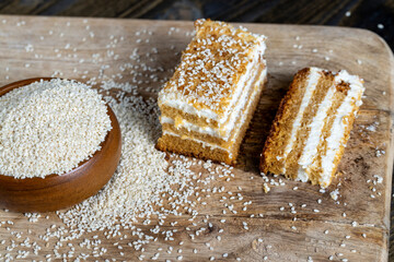 creamy cream and caramel cakes sprinkled with sesame