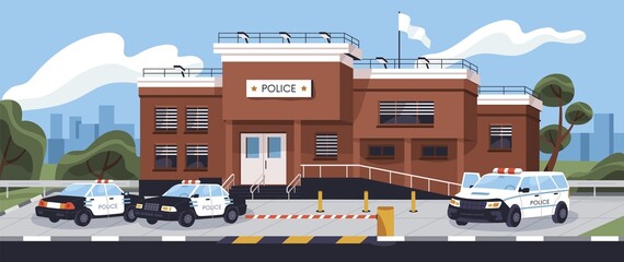 Police station outside with patrol cars on street. Official building exterior of investigation department. Executive authority office, bureau outdoors. Justice house panorama. Flat vector illustration