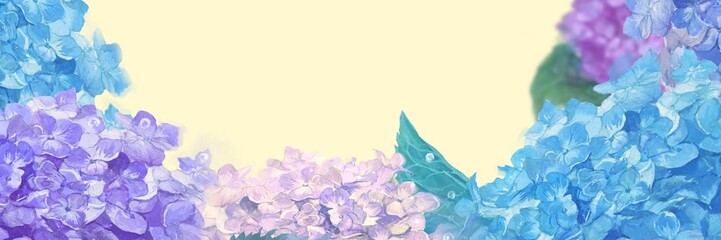 雨降る中輝く紫陽花のはなの水彩画イラストと色付き背景