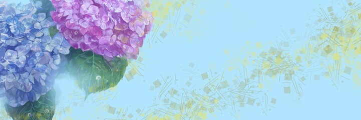 雨降る中輝く紫陽花のはなの水彩画イラストと日本画風金箔背景