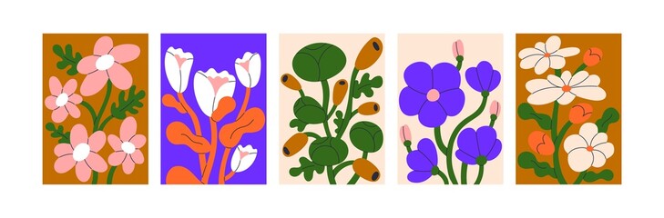 Modern wall art designs with abstract Matisse-inspired flowers. Contemporary interior posters, paintings set. Vertical placards. Floral artworks with stylized plants. Colored flat vector illustrations