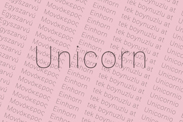 Word Unicorn in languages of world. Logo Unicorn on Chewing gum color