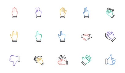 Hand gestures line icons. Handshake, Clapping hands, Victory. Horns, Thumb up finger, drag and drop icons. Donation hand gestures, click, helping hand. Linear set. Bicolor outline web elements. Vector