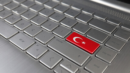 Keyboard with Turkey flag on the enter button, represents cyber attack of Turkey, metaphor of learning Turkish language