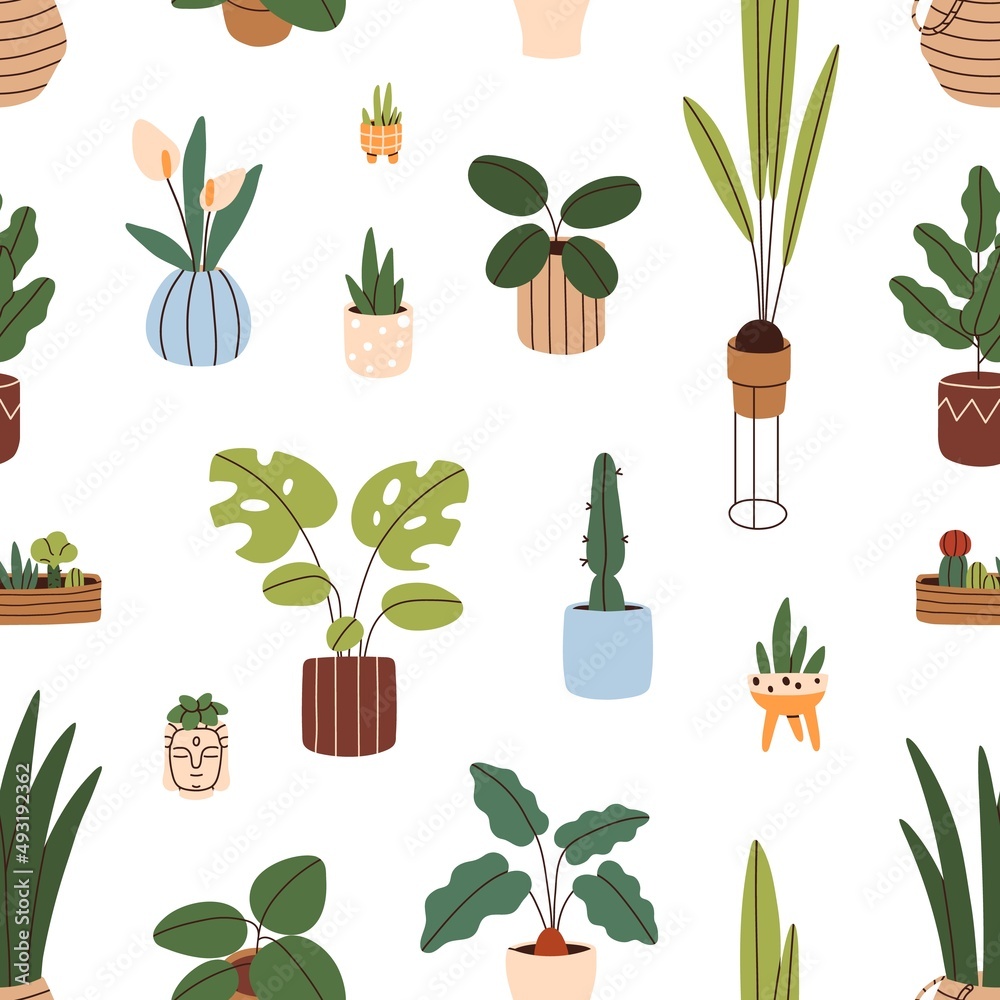 Poster seamless pattern with potted house plants print. endless repeatable background design with green-lea
