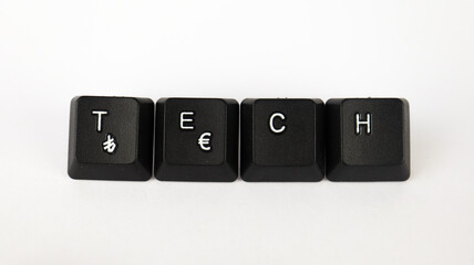 Tech text created with keyboard keys isolated on white background, white tech letters on black keyboard, top view