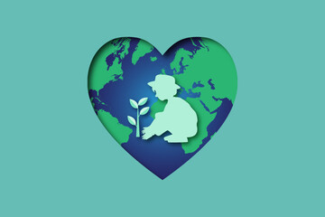World environment day and earth day concept. The boy plant a tree with 
 world map in the background and heart border, Paper cut, paper collage style with digital 
craft. 
