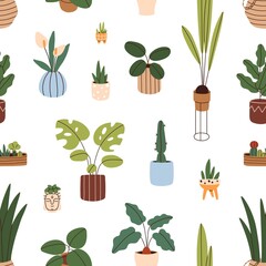 Fototapeta na wymiar Seamless pattern with potted house plants print. Endless repeatable background design with green-leaf houseplants growing in planters. Repeating backdrop decoration. Colored flat vector illustration