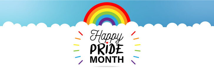 Happy Pride Month Banner - Title , rainbow, clouds and blue sky - Freedom and Joy