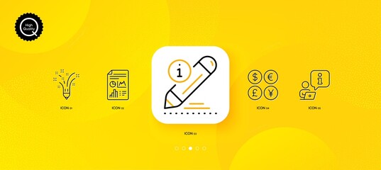 Fototapeta na wymiar Money currency, Interview and Report document minimal line icons. Yellow abstract background. Inspiration, Edit icons. For web, application, printing. Vector