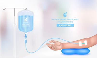 Fotobehang Intravenous vitamin iv drip treatment in spa salon, clinic. Serum collagen vitamin inside saline bag for beauty blue. Used for giving injections for health and beauty anti-aging. Vector EPS 10. © Adisak