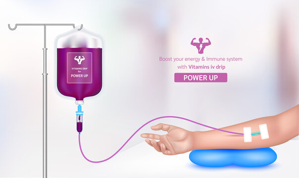 Intravenous vitamin iv drip treatment in spa salon, clinic. Serum collagen vitamin inside saline bag purple. Used for giving injections for health power up. Vector EPS 10.