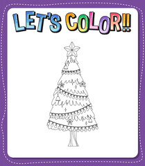 Worksheets template with let’s color!! text and Christmas tree outline