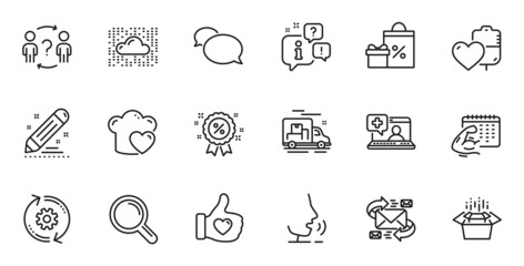 Outline set of Medical help, Like hand and Research line icons for web application. Talk, information, delivery truck outline icon. Include Love cooking, Cloud system, Delegate question icons. Vector