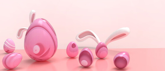 Easter eggs Colorful and bunny ears with a banner template for Easter Day on Red Background. shopping, banner, copy space, digital, banner, website -3d Rendering
