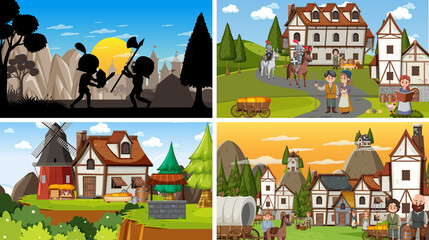 Set of different scene medieval with silhouette