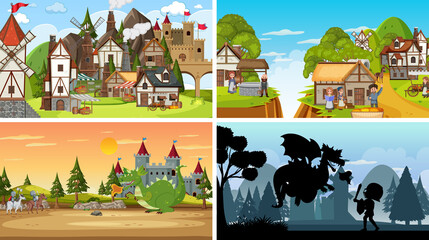 Set of different scene medieval with silhouette