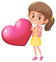 A girl holding pink heart in cartoon style