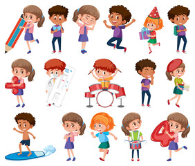 Set of children doing different activities on white background