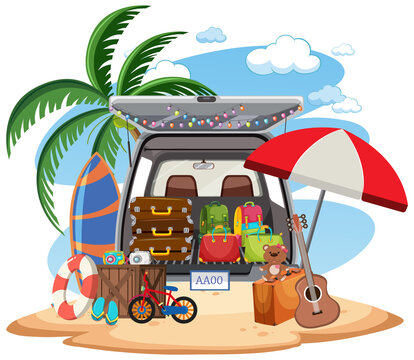 car trunk packed beach vacation scene clip art preview