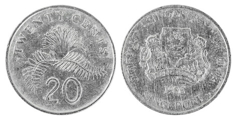 The old half Twenty Singapore cent isolated on white background.
