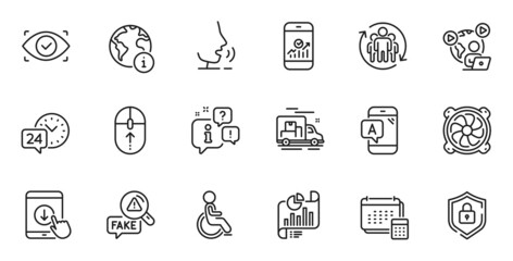Outline set of Report document, Scroll down and Teamwork line icons for web application. Talk, information, delivery truck outline icon. Include Internet, Disability, Swipe up icons. Vector