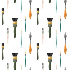 Seamless pattern with artist brushes on a white background. Hand-drawn illustration. 