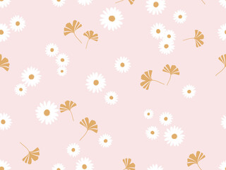 Seamless pattern with daisy flower and tropical leaves on pink background vector illustration.