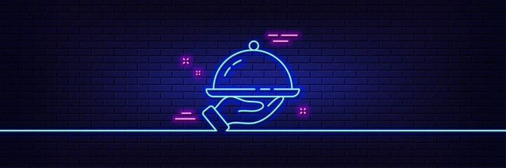 Neon light glow effect. Restaurant food line icon. Dinner sign. Hotel room service symbol. 3d line neon glow icon. Brick wall banner. Restaurant food outline. Vector