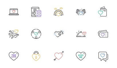 Love lock, Love document and Lgbt line icons for website, printing. Collection of Heart, Kiss me, Hold heart icons. Inclusion, Honeymoon travel, Social media web elements. Romantic dinner. Vector