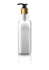 Blank clear square cosmetic bottle with black-gold pump head for beauty product mockup template.