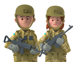 Cartoon character 3d avatar Ukrainian male and female soldier