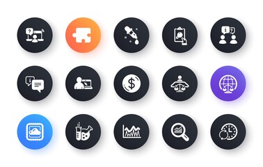 Minimal set of Data analysis, Chemistry pipette and Cloud computing flat icons for web development. Online education, Online question, Chemistry lab icons. Magistrates court, Puzzle. Vector