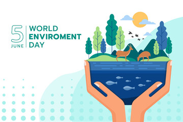 world environment day - hand hold care the environment on earth consists of water, tree, mountains and animals vector design - 493196525