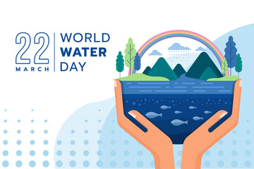 world water day - hand hold care earth with the rain falls the river flows from the forest to the sea vector design