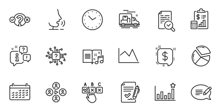 Outline set of Artificial intelligence, Approved agreement and Video conference line icons for web application. Talk, information, delivery truck outline icon. Vector